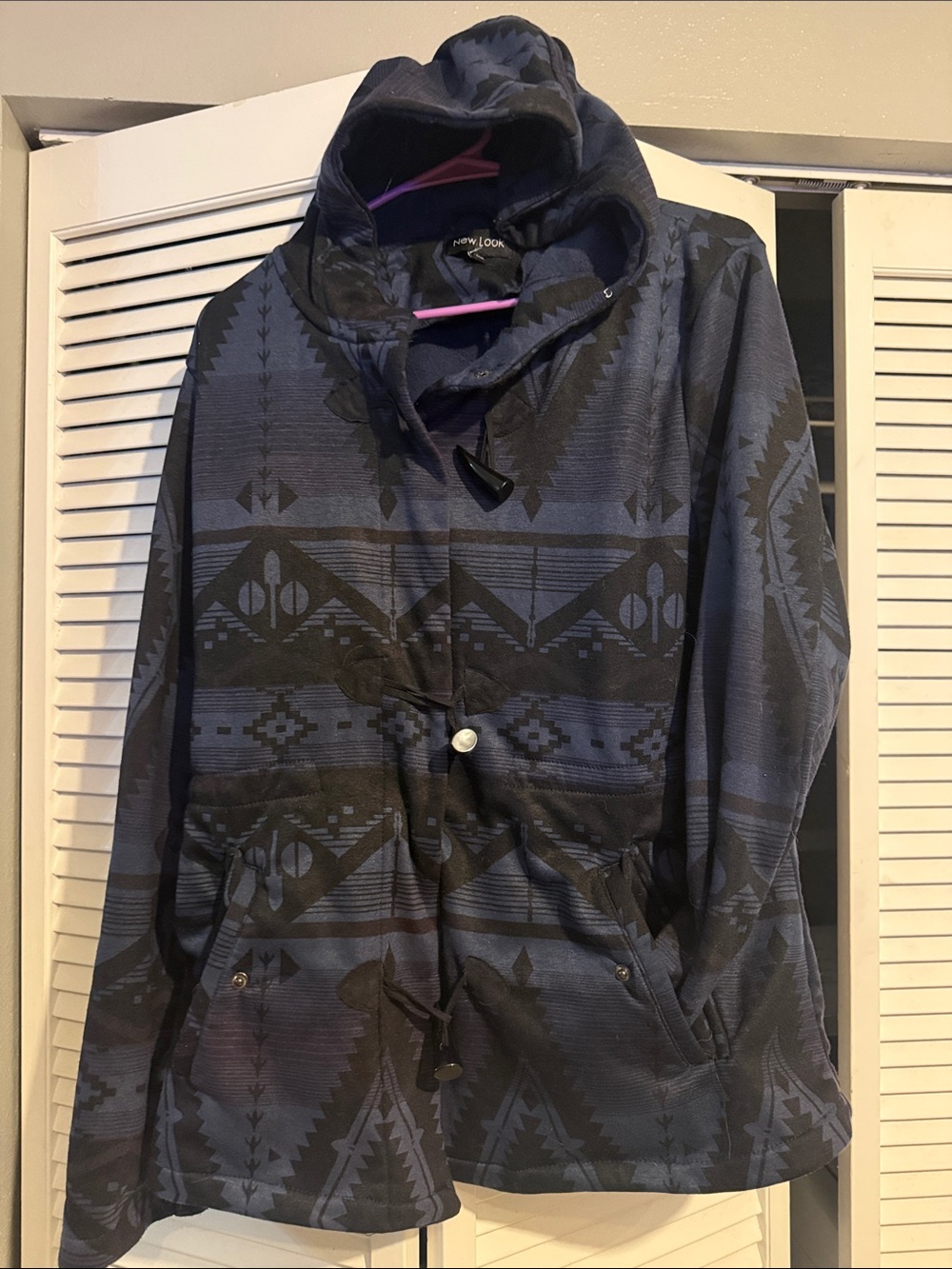 New Look Navy and Black Aztec Hooded Utility Jacket